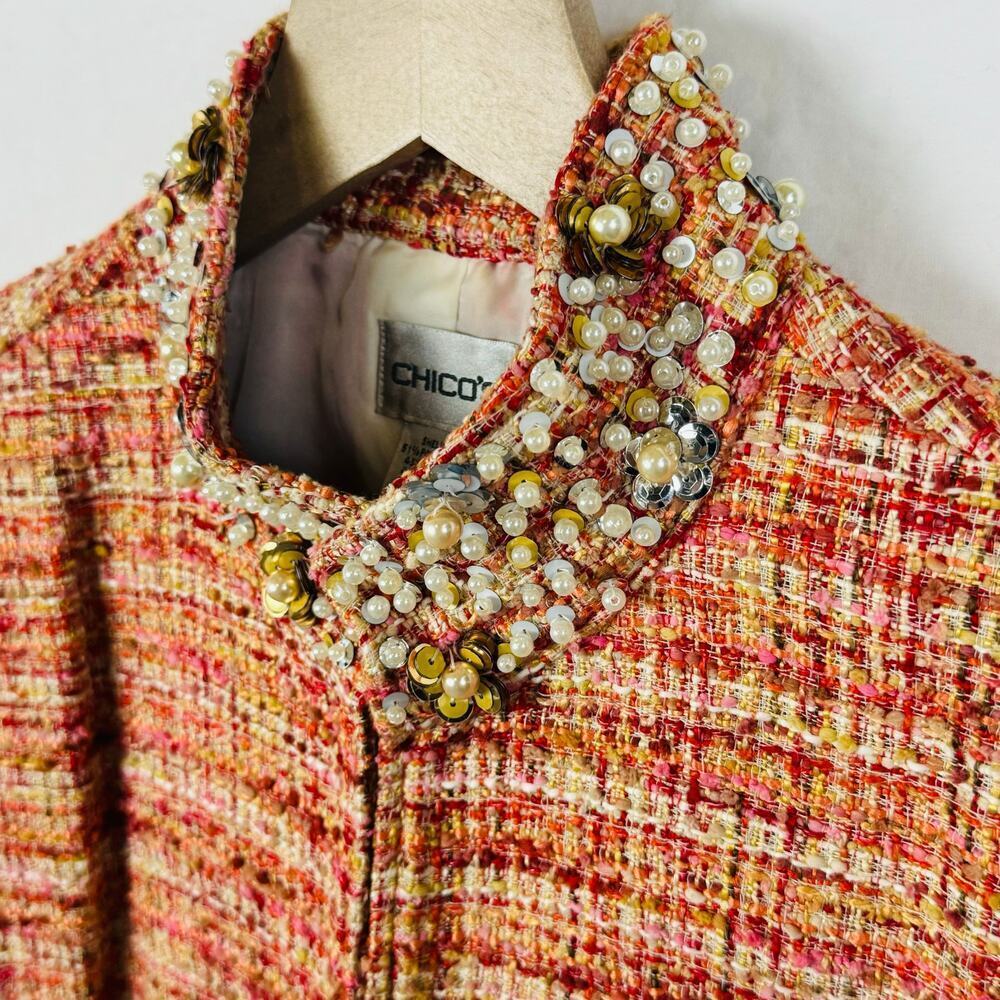 Chico’s Womens Orange Tweed Rhinestone Trim Sophisticated Blazer Jacket 2 | Med - Picture 4 of 13